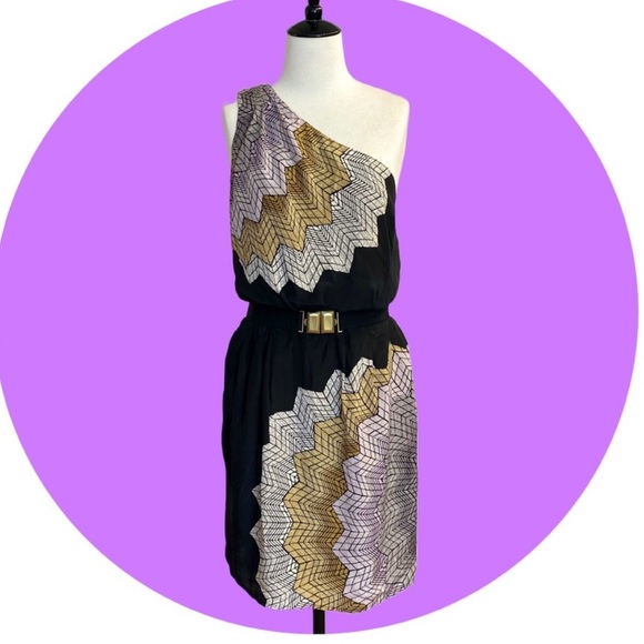 BCBG MAXAZRIA BLACK SPIDER WEB SUNBURST ONE SHOULDER BELTED SILK DRESS IN XS - Picture 4 of 9